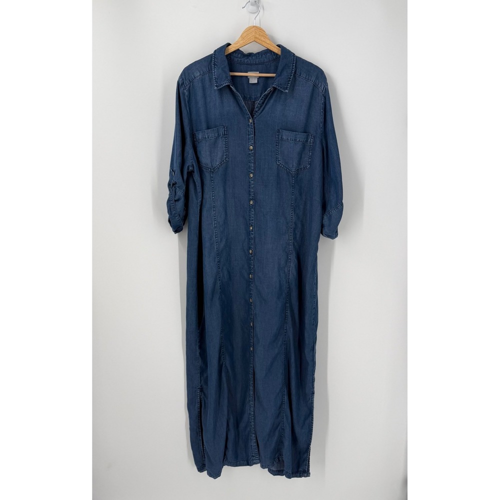 Chicos Chambray Denim Maxi Shirt Dress Womens SZ 4 2X Fall Minimalist 3/4 Sleeve